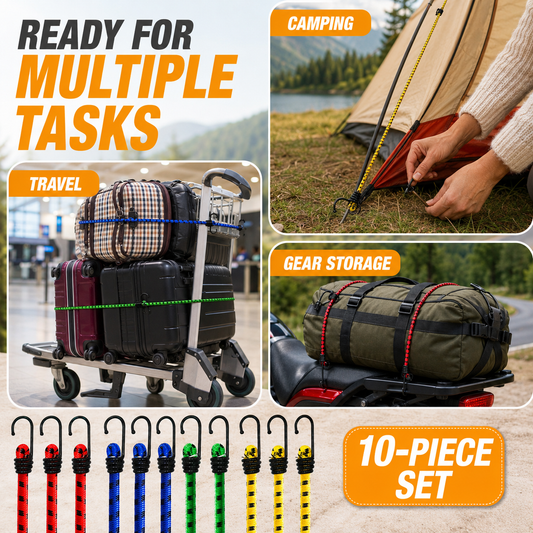10-Piece Heavy-Duty Elastic Bungee Cord Set with J Hooks